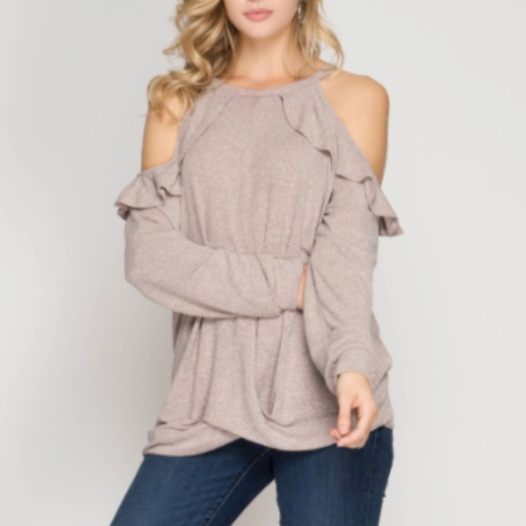 felicias Tops - Light Pink Taupe Ruffle Cold Shoulder Top